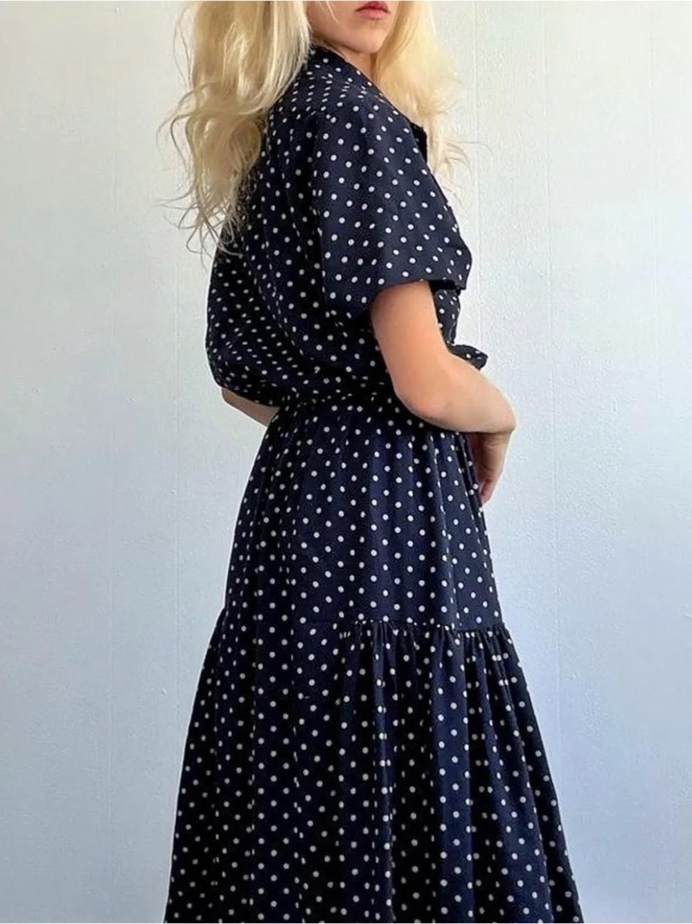 CHANEL Navy Polka Dot Maxi Skirt with Gold Buttons
